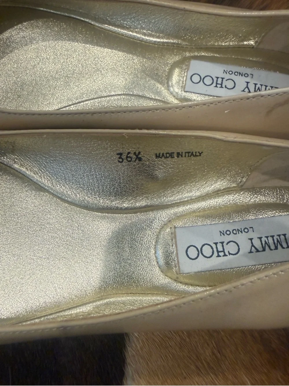 JIMMY CHOO Beige Patent Leather Glitter-Toe Whirl Flats